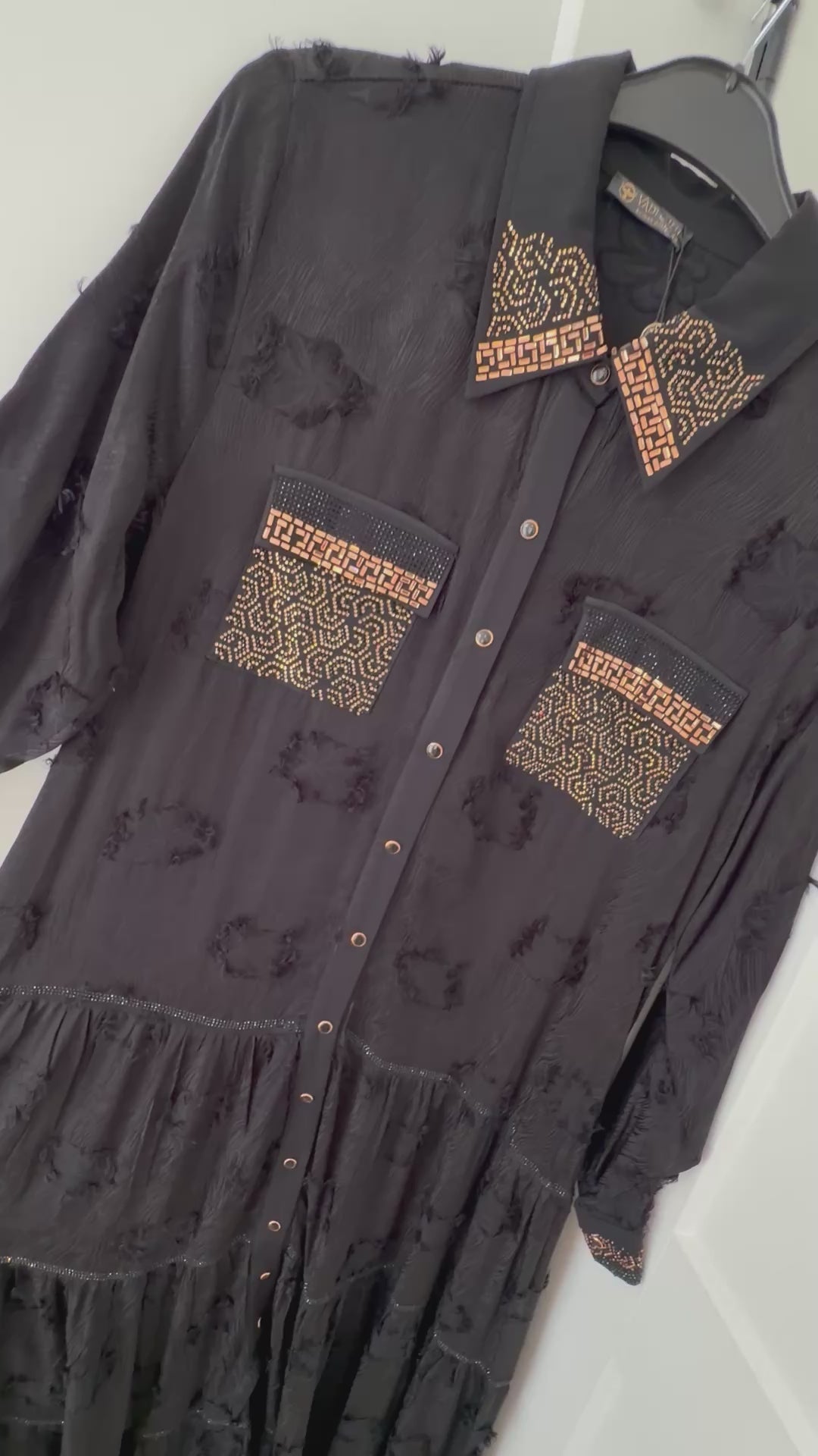 Embroidered Pocket Long Sleeve Button-Down Maxi Shirt Dress - Black