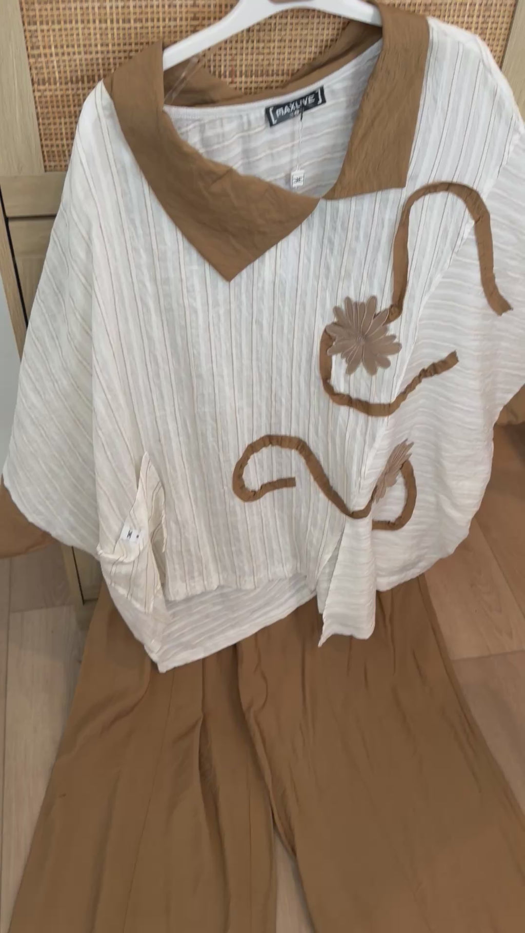 Abstract Swirl Knit Top & Wide-Leg Pants Two-Piece Set - Cream & Caramel